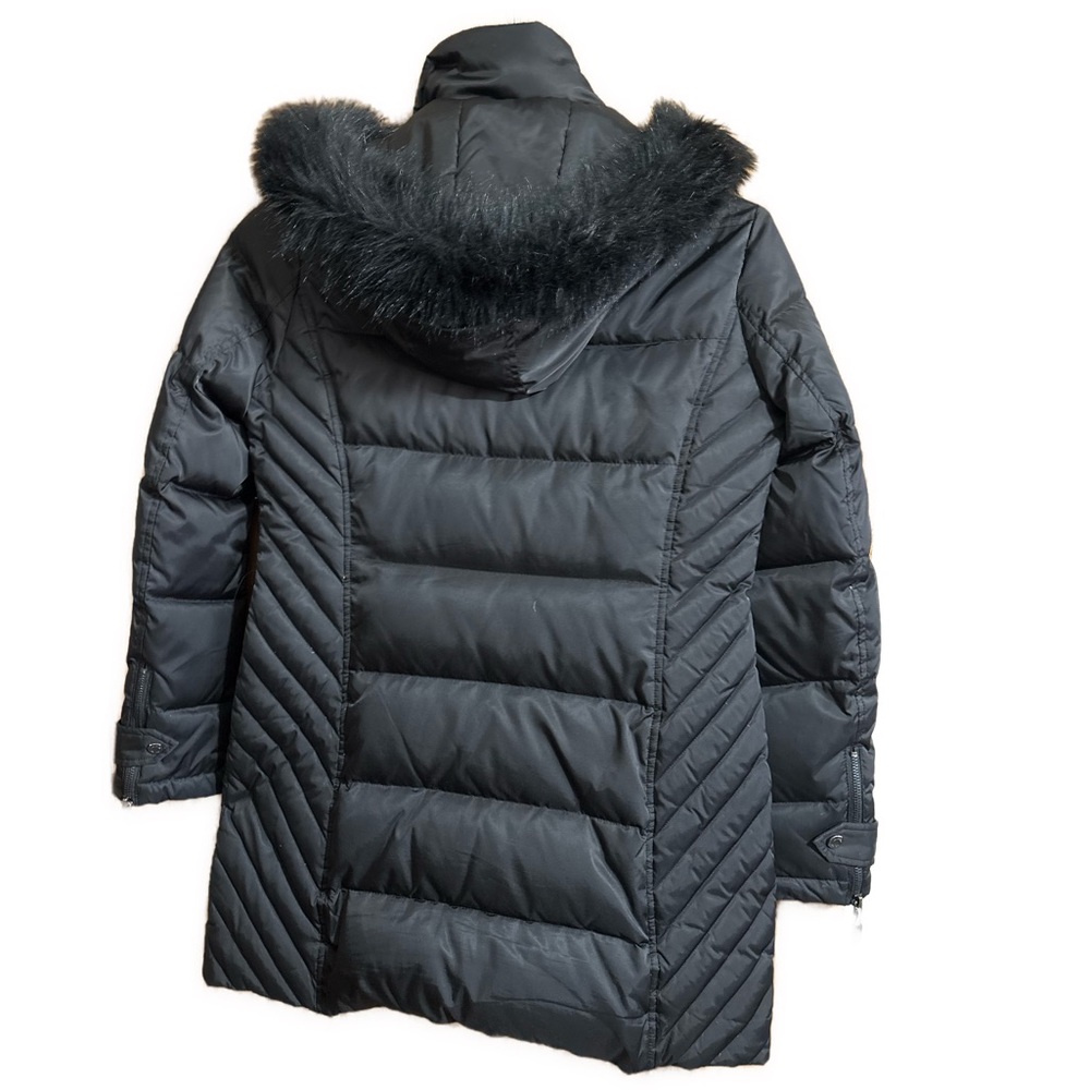 Women’s Medium Kenneth Cole Black Quilted Down Long Puffer Coat Faux Fur Hood